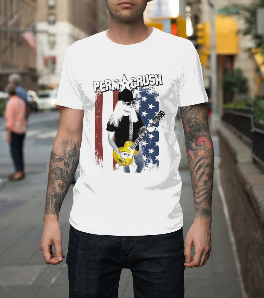 Perm A Crush Long Blonde Hair Yellow Guitar American Flag T-Shirt