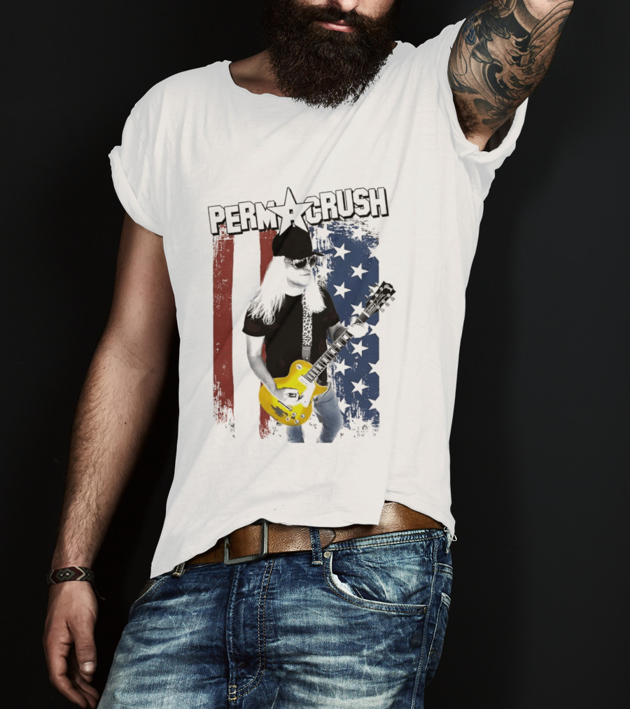 Perm A Crush Long Blonde Hair Yellow Guitar American Flag T-Shirt