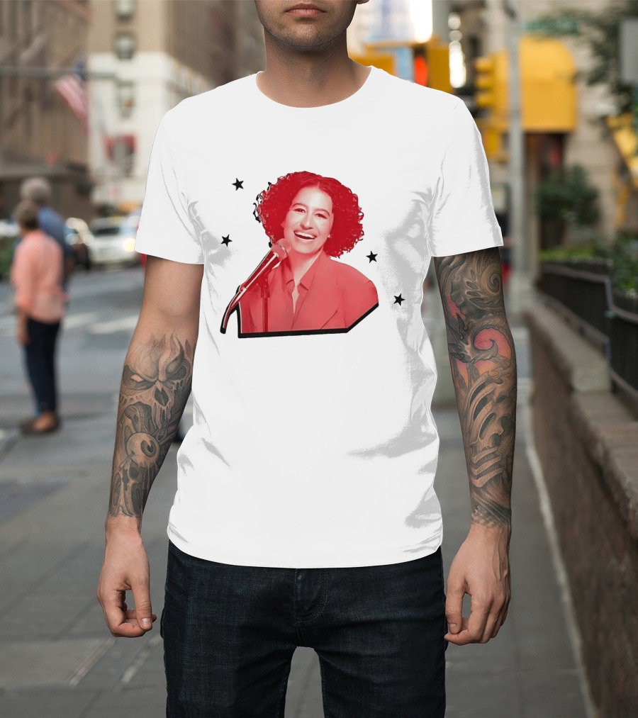 Red Tinted Woman Curly Hair Microphone Black Stars T-Shirt