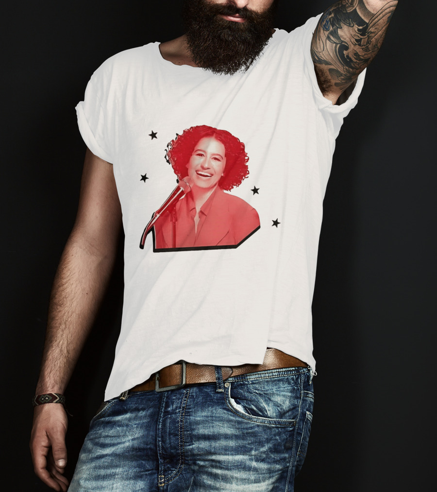 Red Tinted Woman Curly Hair Microphone Black Stars T-Shirt