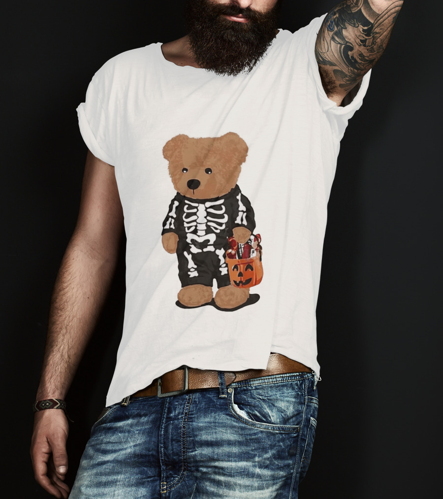 Teddy Bear Skeleton Costume Jack O Lantern Pumpkin Candy Cartoon T-Shirt