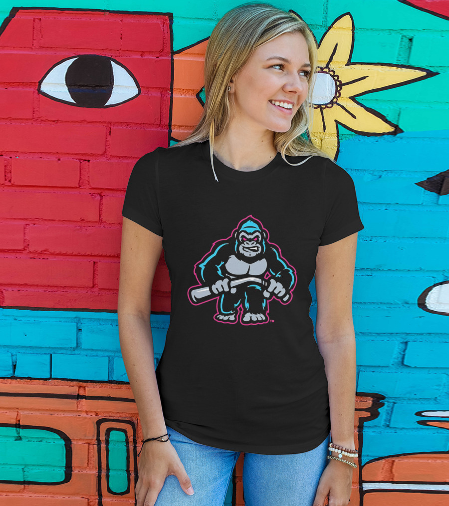Aggressive Gorilla With Hockey Stick Neon T-Shirt