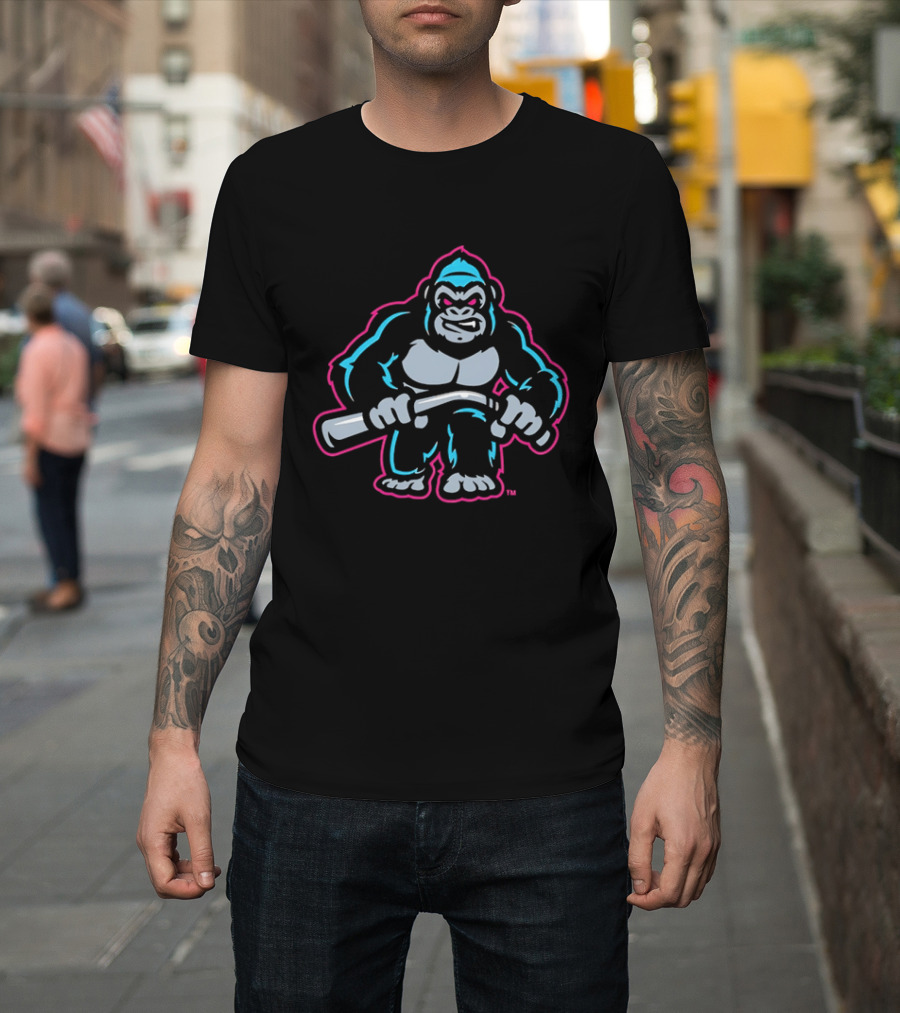 Aggressive Gorilla With Hockey Stick Neon T-Shirt