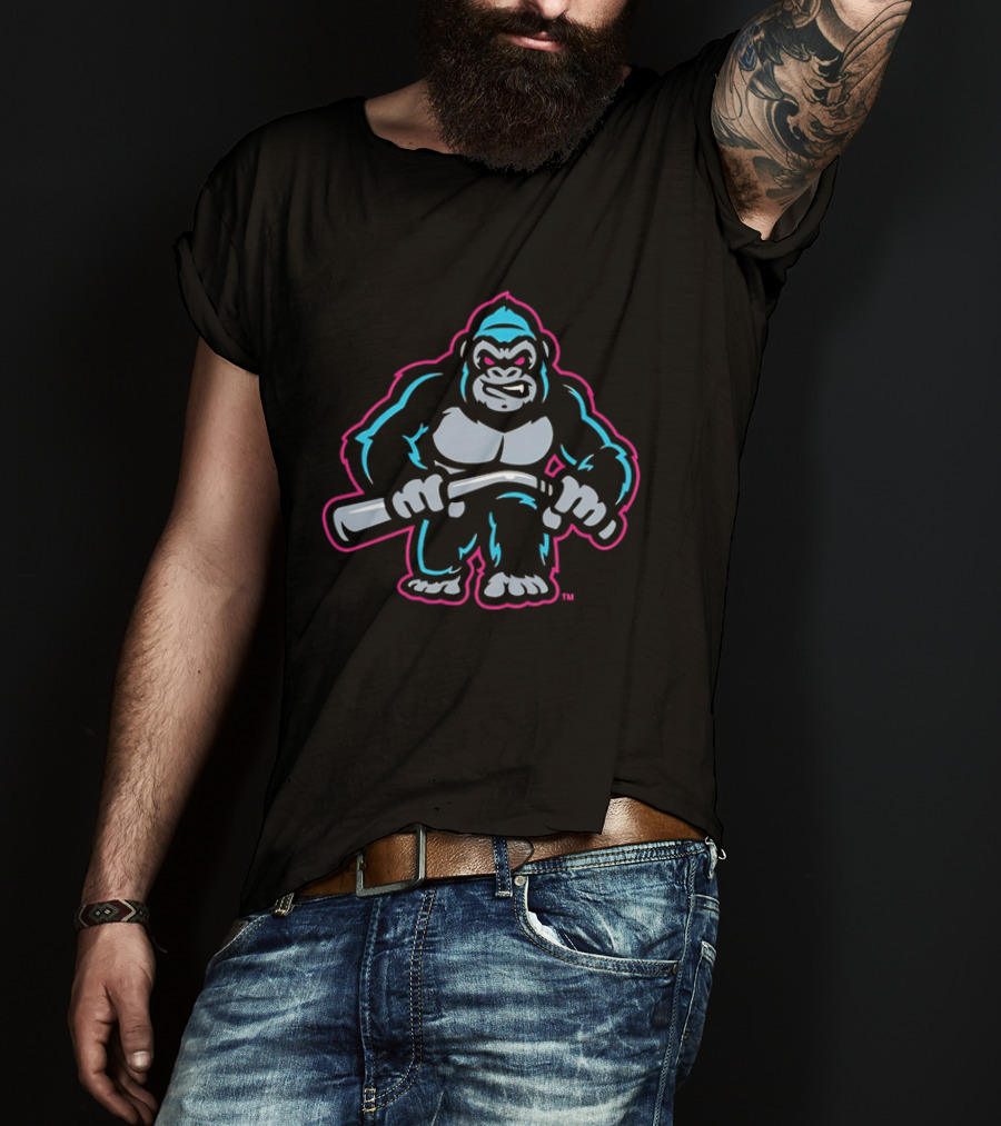 Aggressive Gorilla With Hockey Stick Neon T-Shirt