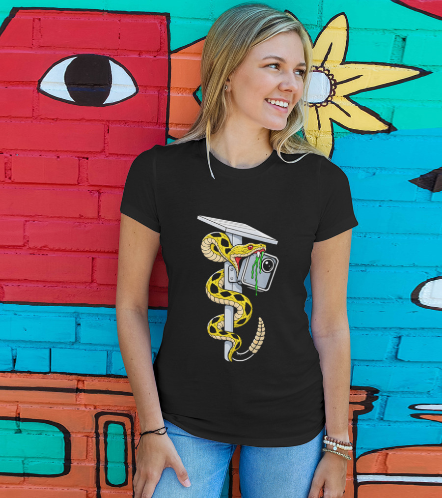 Cartoon Yellow Rattlesnake Biting Security Camera Solar Panel Pole Dripping Venom T-Shirt