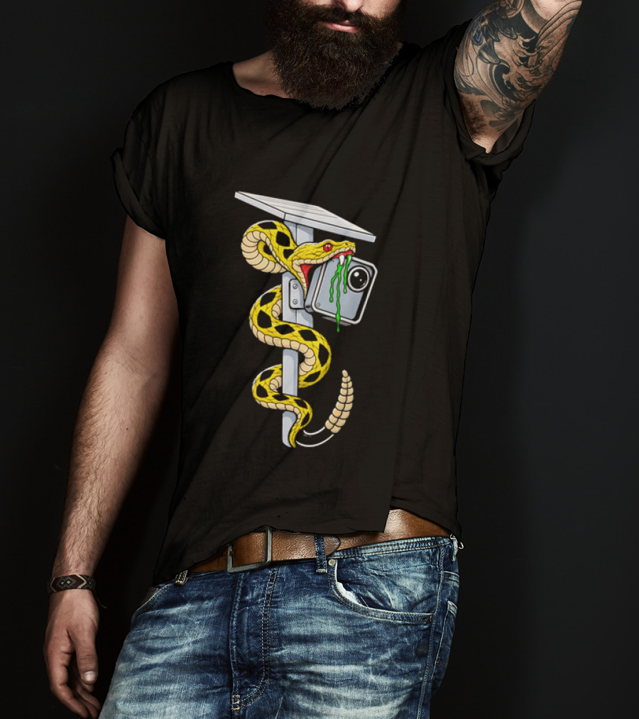 Cartoon Yellow Rattlesnake Biting Security Camera Solar Panel Pole Dripping Venom T-Shirt