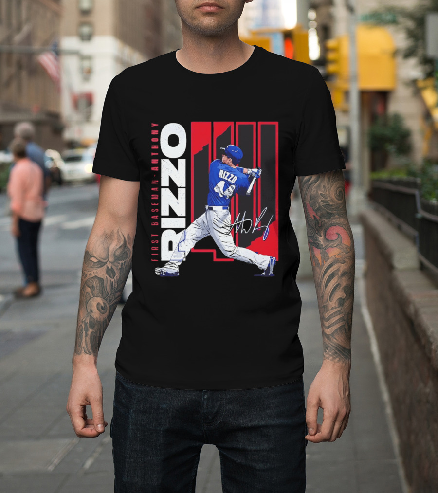 First Baseman Anthony Rizzo Swinging Action 44 Distressed T-Shirt
