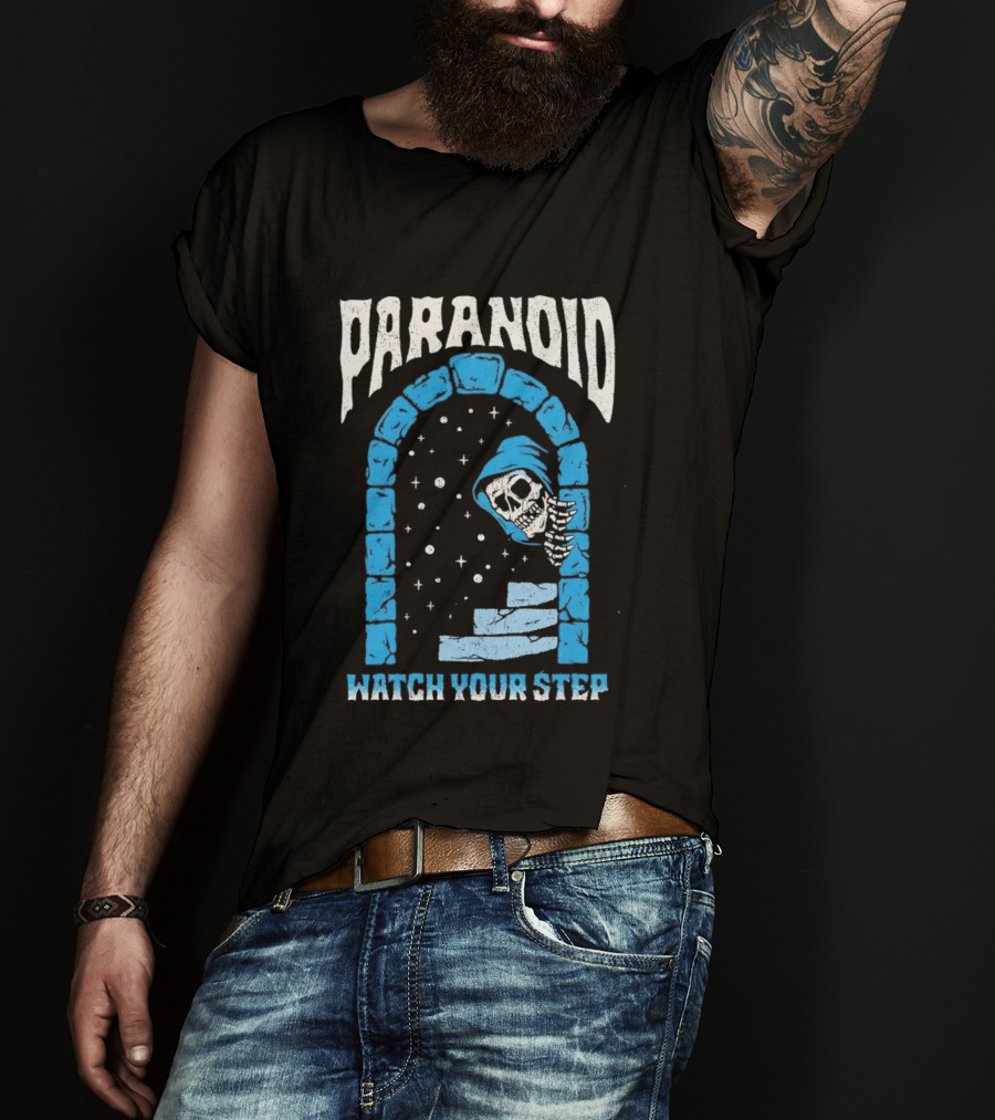 Paranoid Skeleton Peeking Stone Archway Your Step T-Shirt