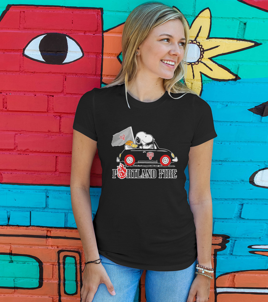 Portland Fire Snoopy And Woodstock Driving Vintage Car With Flag T-Shirt