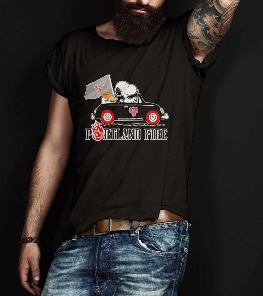 Portland Fire Snoopy And Woodstock Driving Vintage Car With Flag T-Shirt