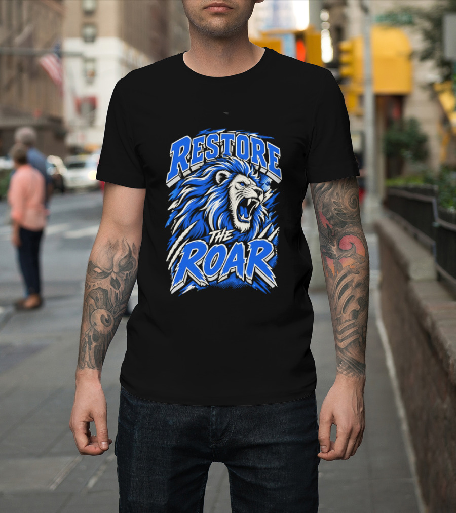 Restore The Roar Blue Lion Head With Halftone Scratch Marks T-Shirt