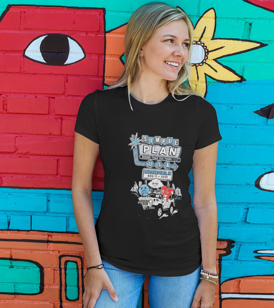 Simple Plan Indianapolis IN 2026 Bigger Than You Think Tour August 11 White River State Park USA Classic Car And Happy Heart T-Shirt