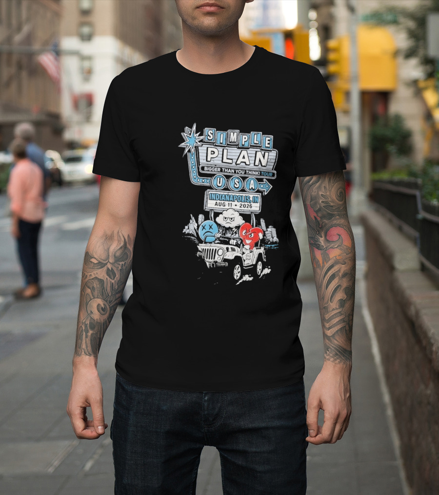 Simple Plan Indianapolis IN 2026 Bigger Than You Think Tour August 11 White River State Park USA Classic Car And Happy Heart T-Shirt