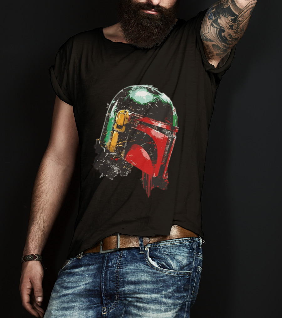 Star Wars Boba Fett Helmet Distressed Paint Splatter Drip T-Shirt