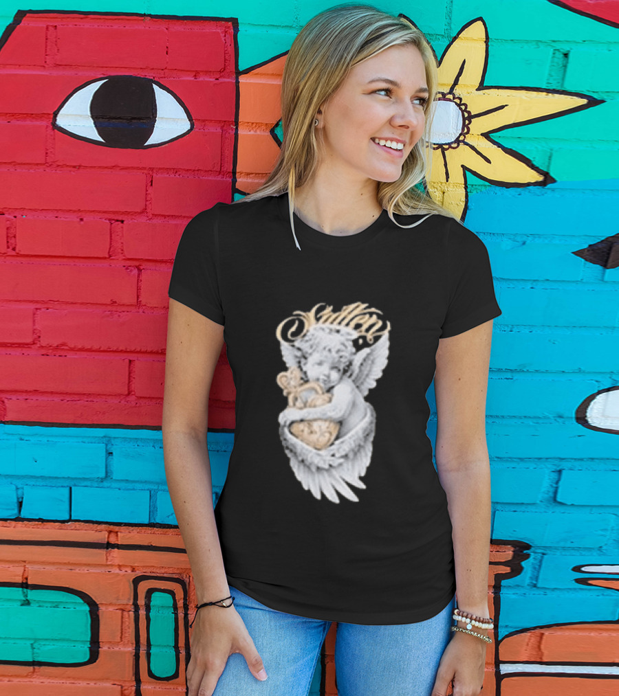 Sullen Heavenly Angel Embracing Heart T-Shirt