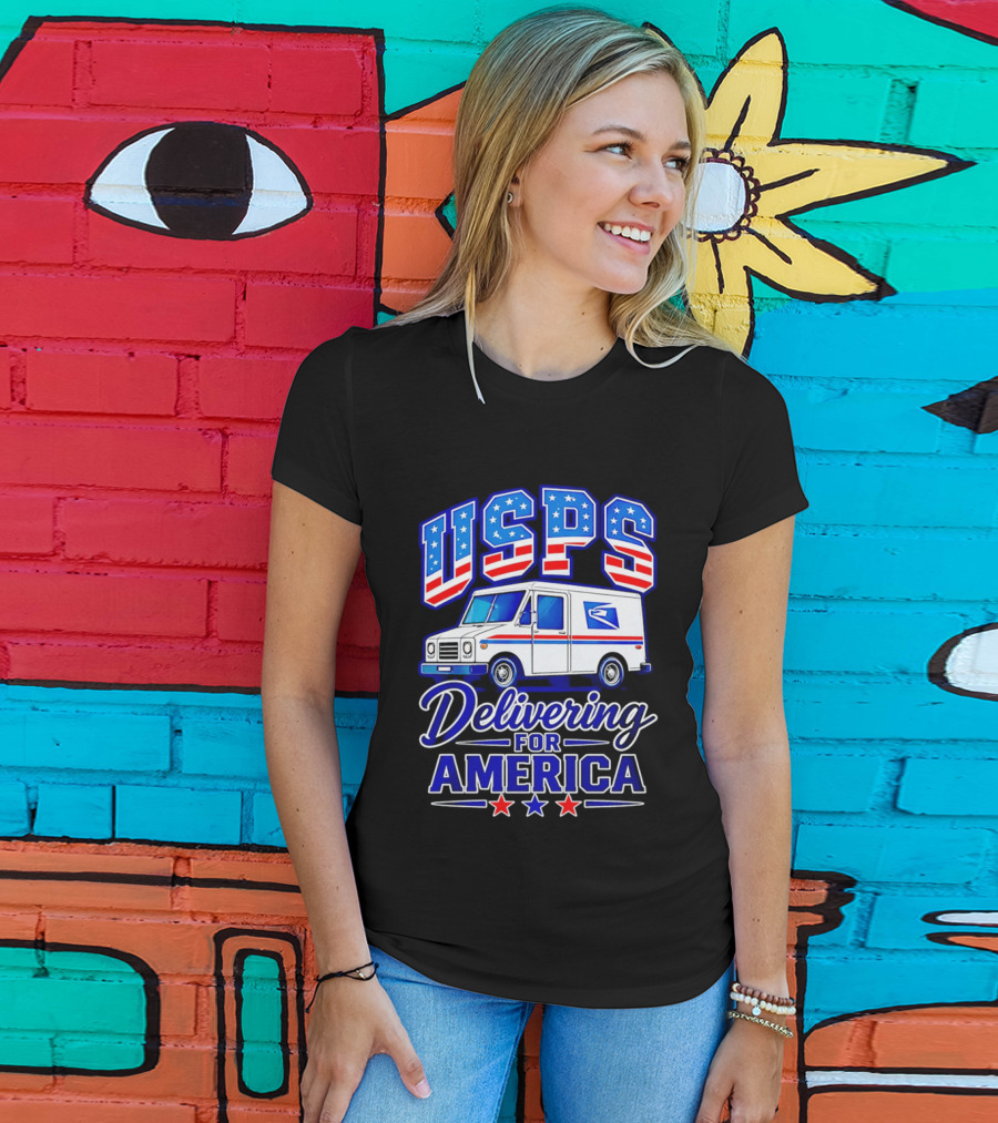 USPS Delivering For America Mail Truck Patriotic Stars And Stripes T-Shirt