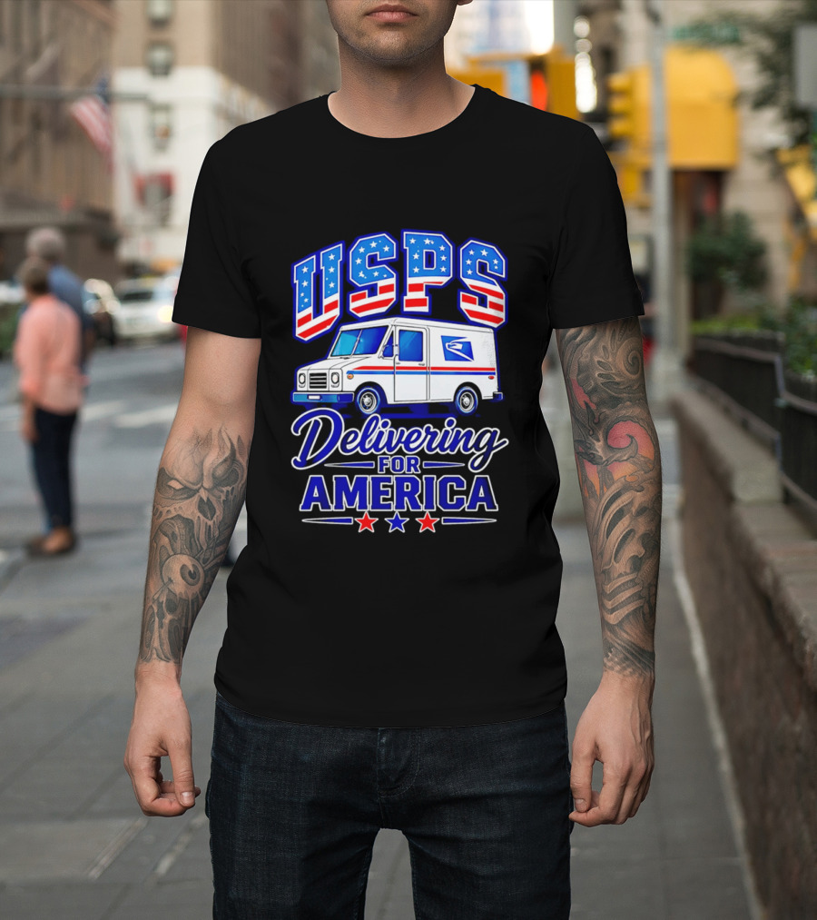 USPS Delivering For America Mail Truck Patriotic Stars And Stripes T-Shirt
