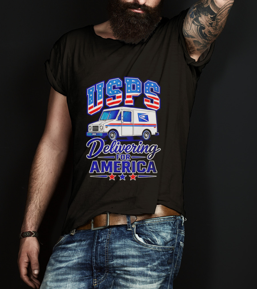 USPS Delivering For America Mail Truck Patriotic Stars And Stripes T-Shirt