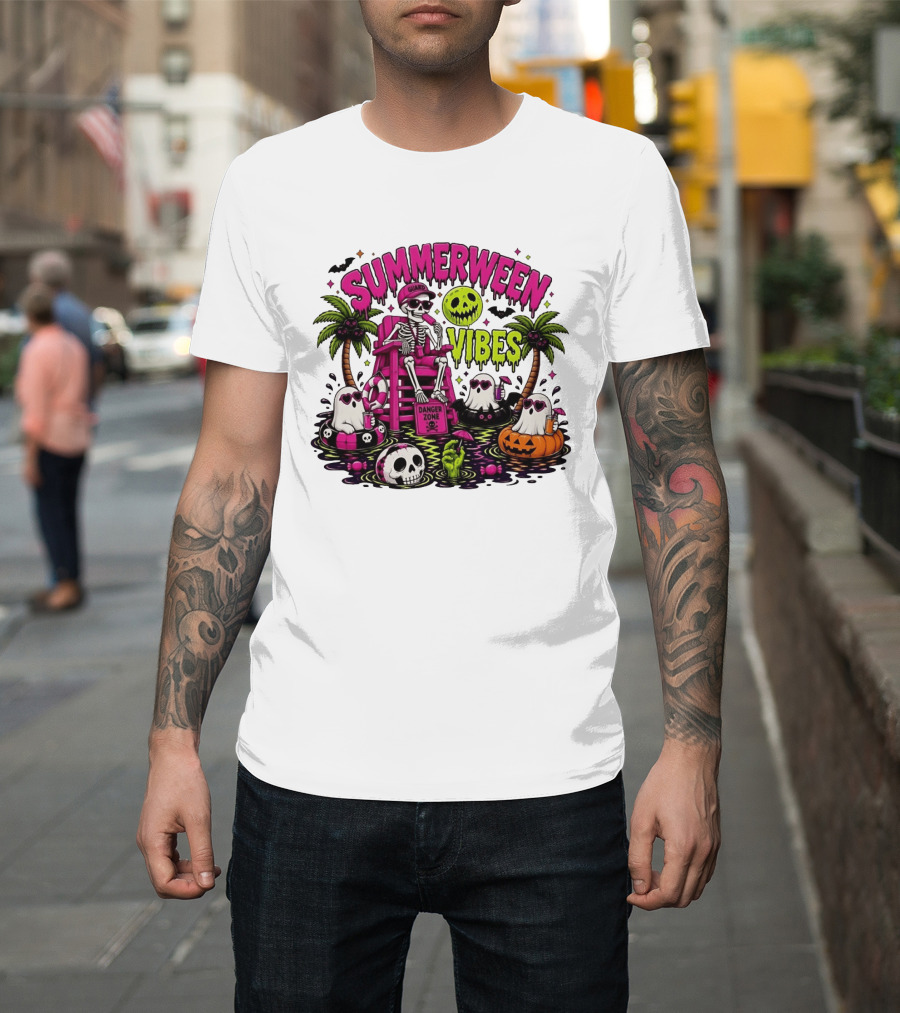 Summerween Vibes Halloween Skeleton Beach Party 2026 T-Shirt