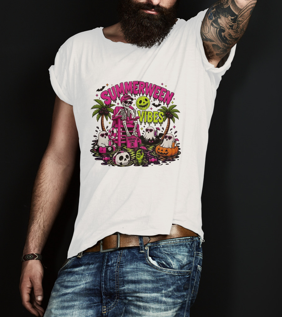 Summerween Vibes Halloween Skeleton Beach Party 2026 T-Shirt