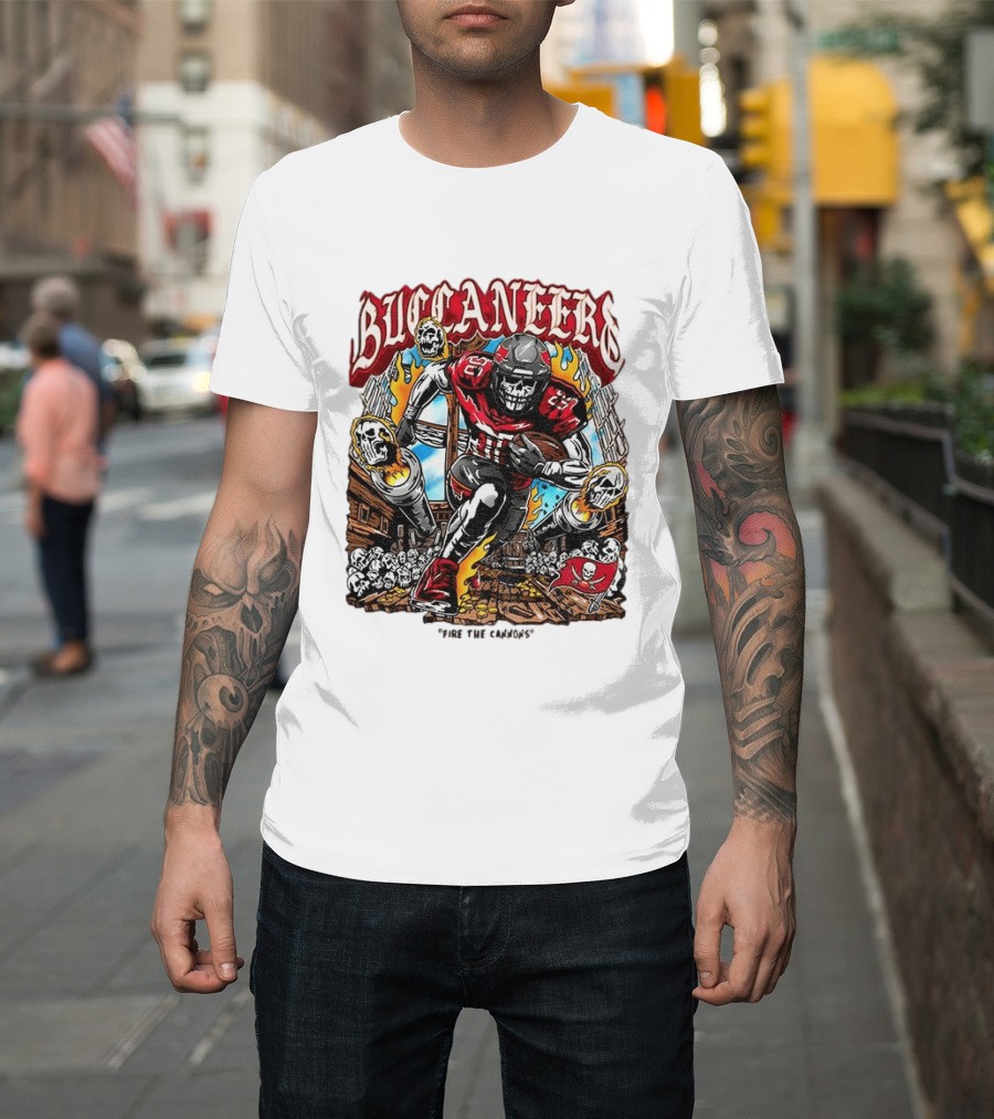 Buccaneers Fire The Cannons Skeleton Football T-Shirt