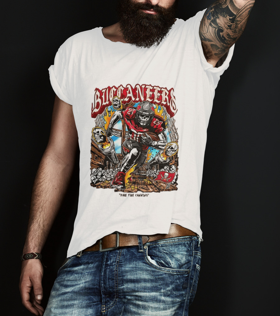 Buccaneers Fire The Cannons Skeleton Football T-Shirt
