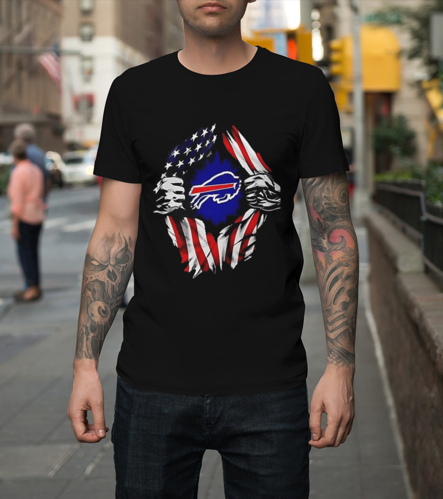 Buffalo Bills Superman Skull Cap Backwards American Flag Rip T-Shirt