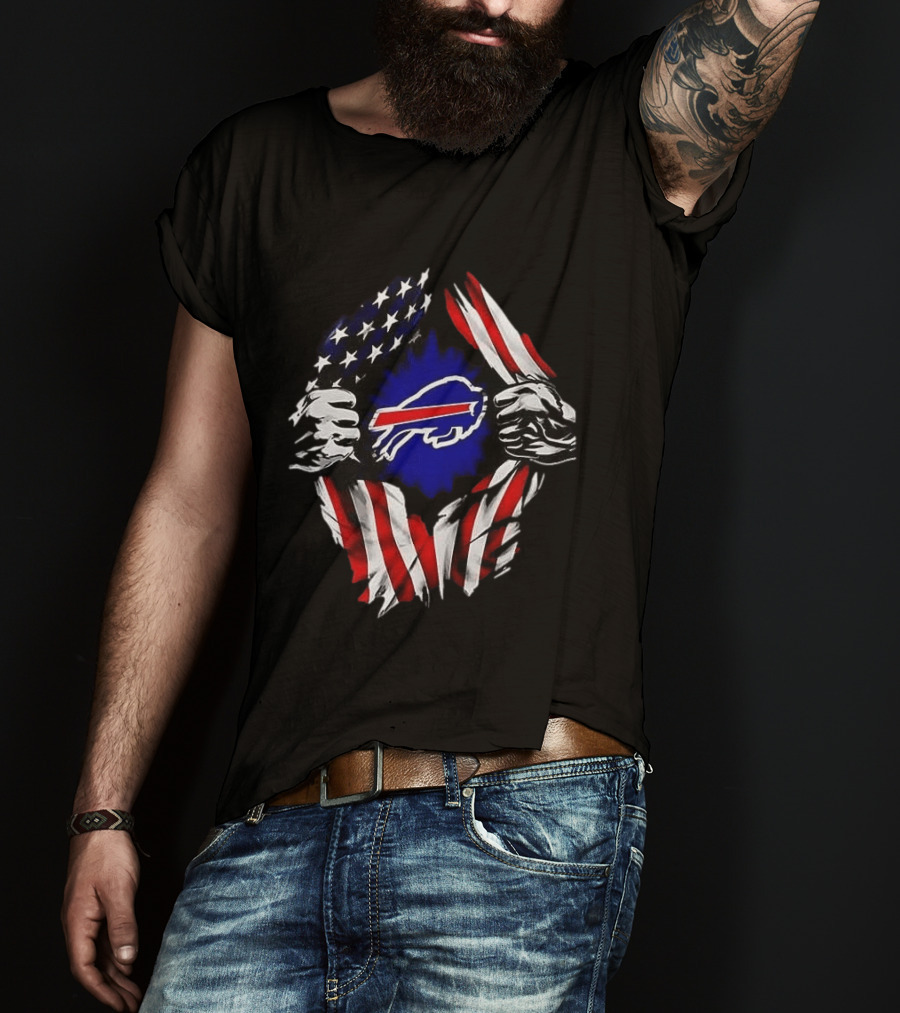 Buffalo Bills Superman Skull Cap Backwards American Flag Rip T-Shirt