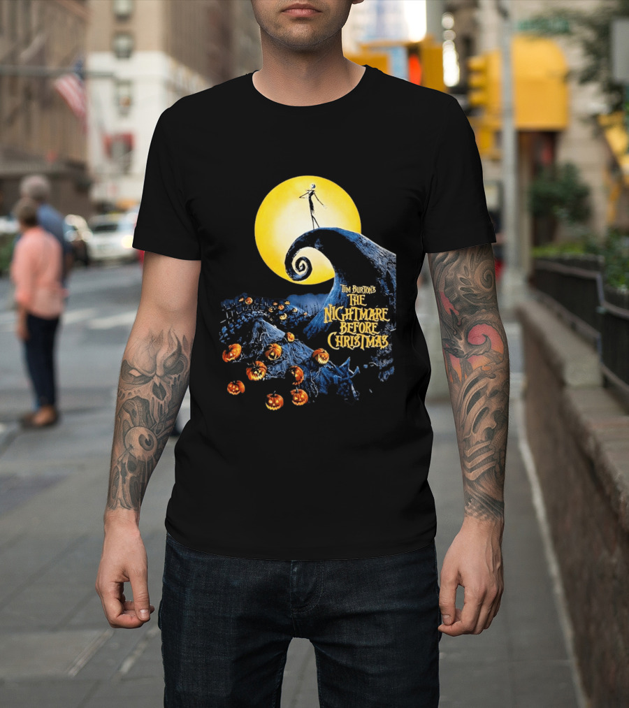 Tim Burton's The Nightmare Before Christmas Jack Skellington Moon Scene With Pumpkins T-Shirt