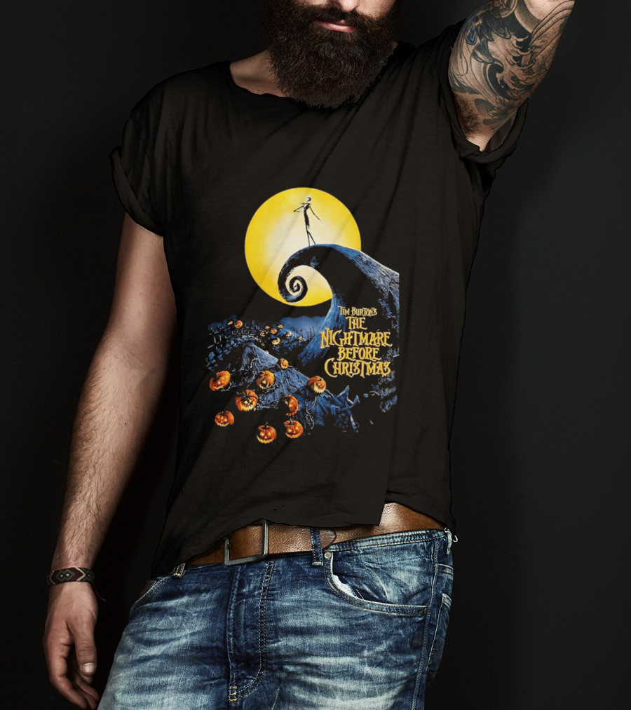 Tim Burton's The Nightmare Before Christmas Jack Skellington Moon Scene With Pumpkins T-Shirt