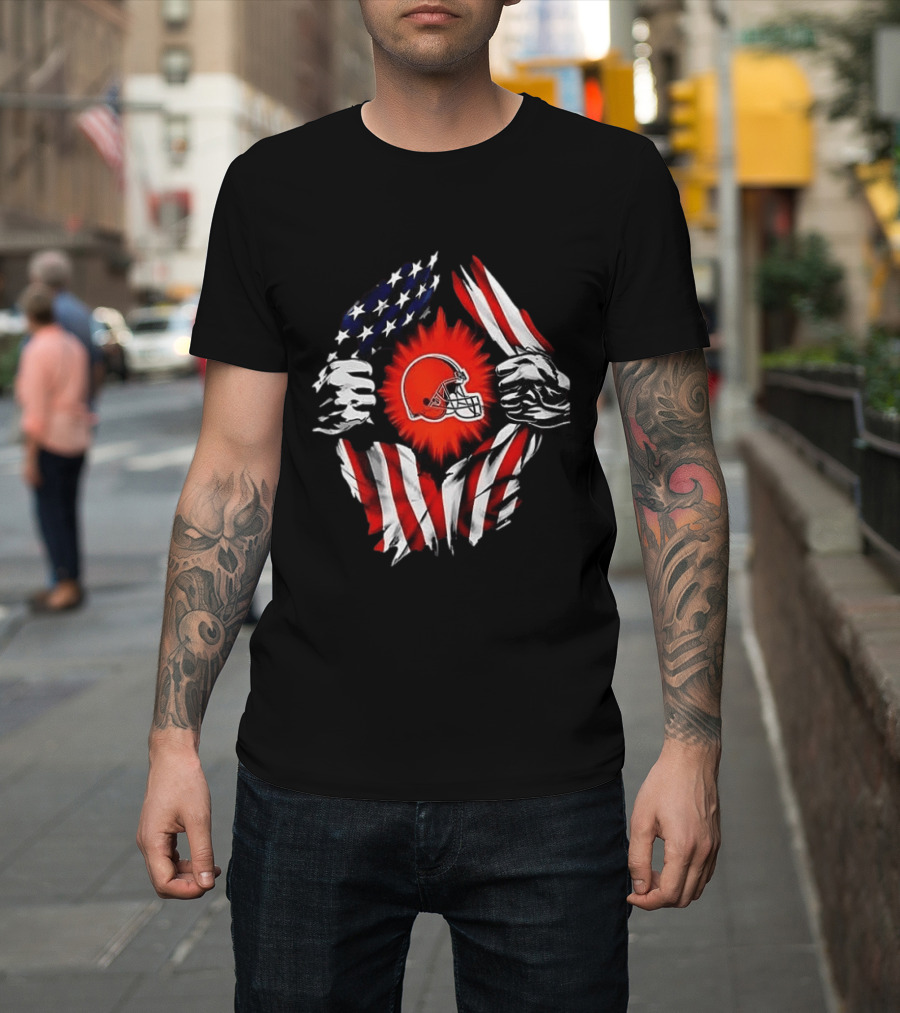Cleveland Browns Super Man Skull Cap Backwards American Flag Ripped T-Shirt