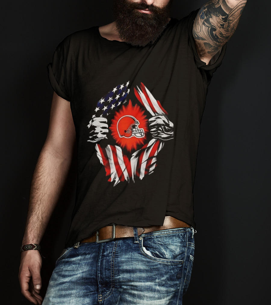 Cleveland Browns Super Man Skull Cap Backwards American Flag Ripped T-Shirt