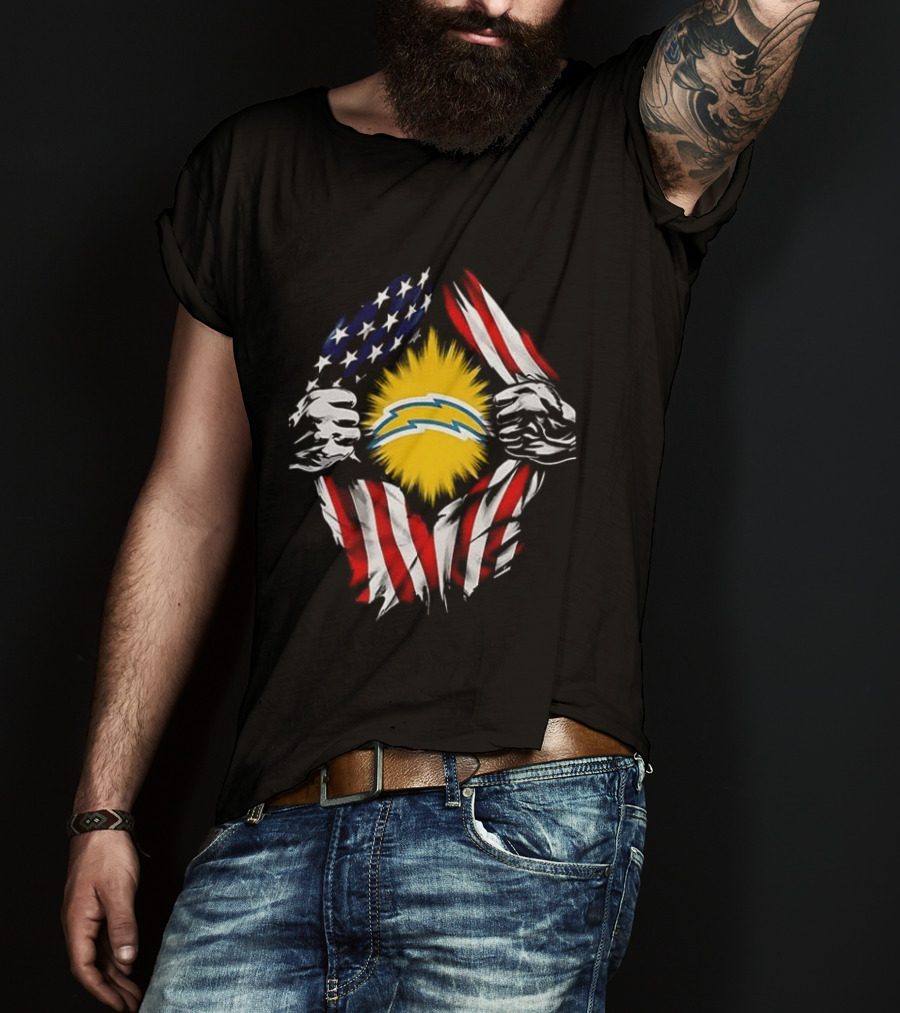 Los Angeles Chargers Superman Skull Cap Backwards USA Flag Power T-Shirt