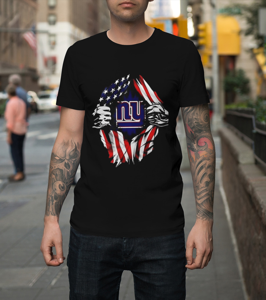 New York Giants American Flag Rip Super Man X Skull Cap Backwards T-Shirt
