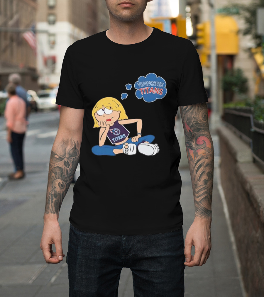 Tennessee Titans Blonde Cartoon Girl Sitting Thinking Thought Bubble Titans T-Shirt