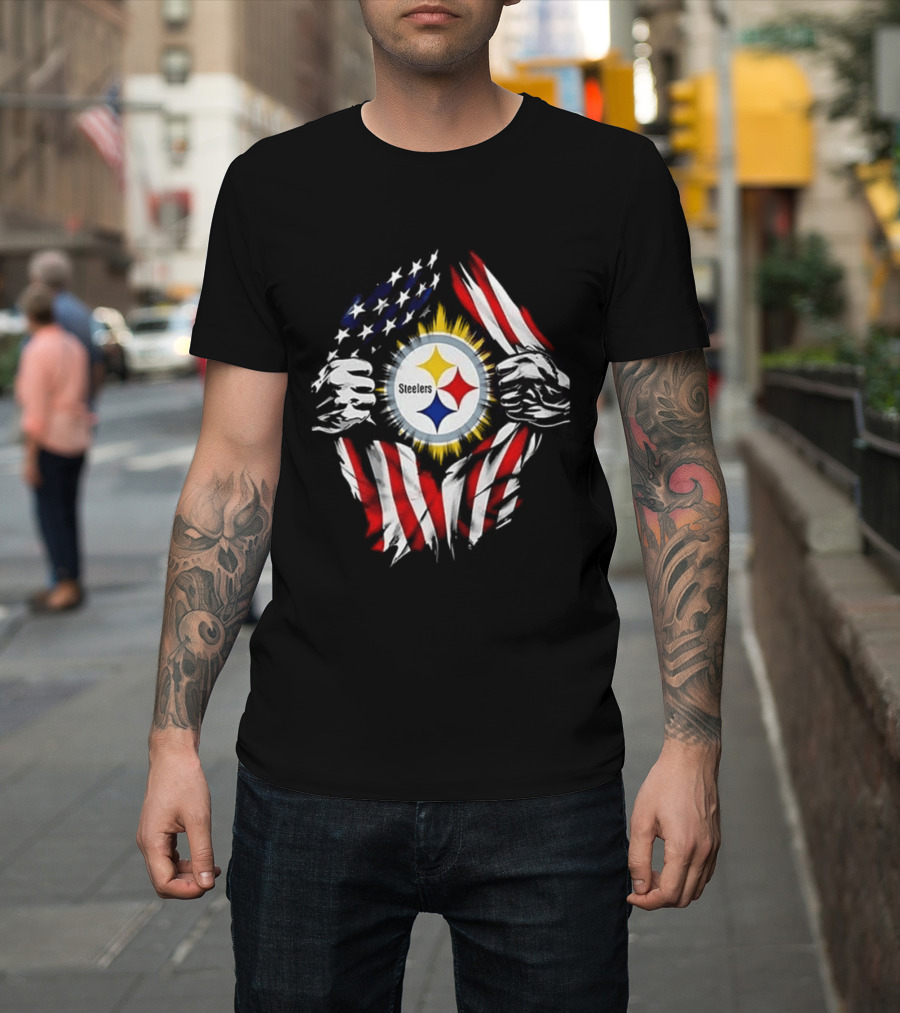 Pittsburgh Steelers Superman Skull Cap USA Flag T-Shirt