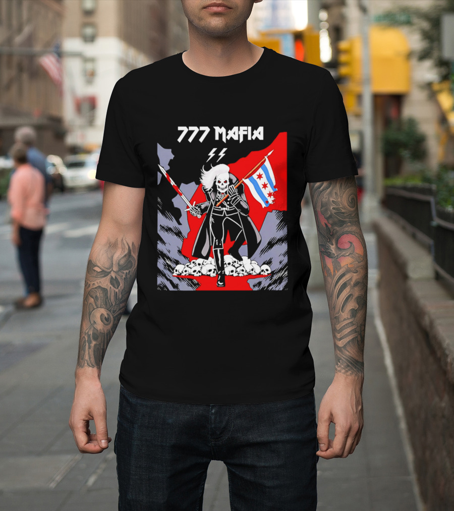 777 Mafia Chicago Flag Skeleton Skull T-Shirt
