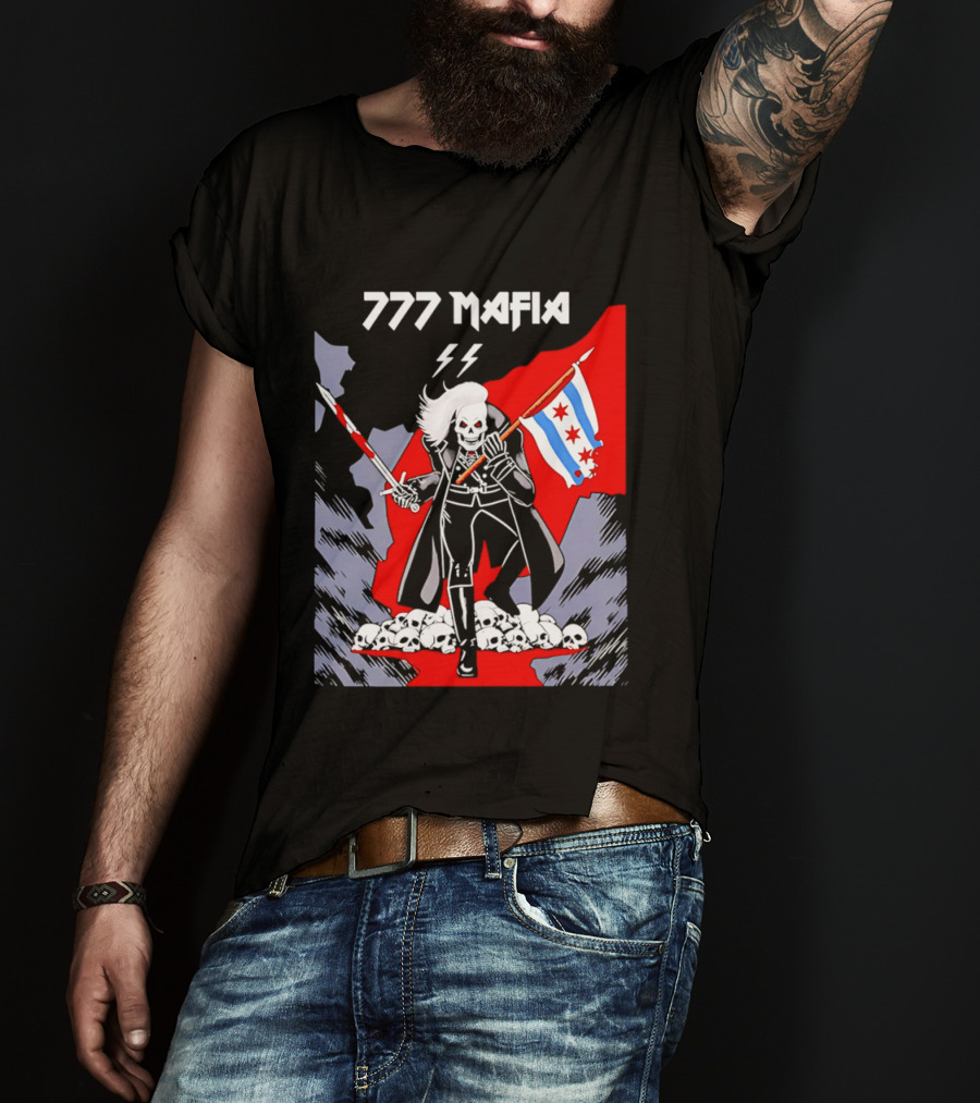 777 Mafia Chicago Flag Skeleton Skull T-Shirt