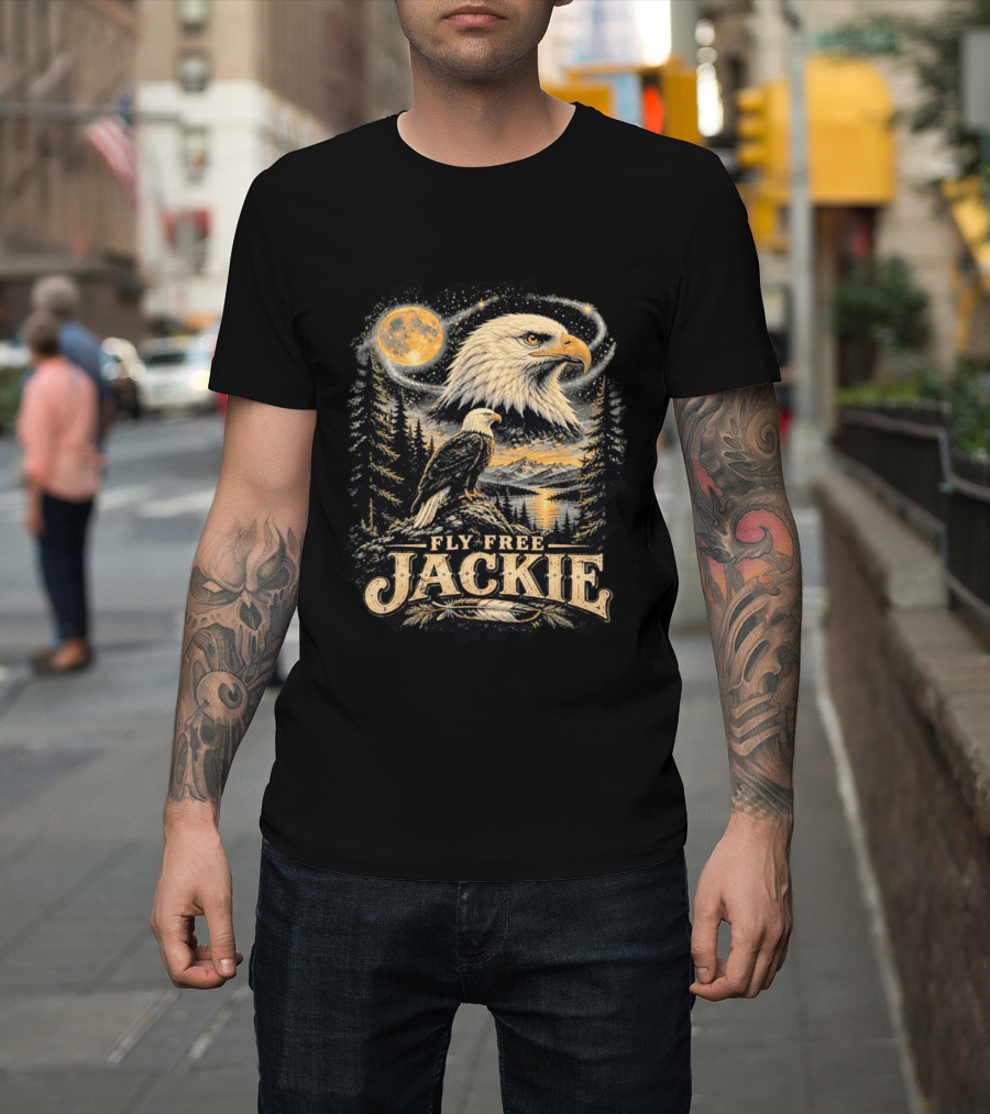 Fly Free Jackie Bald Eagle Scenic Tribute Moonlit Forest Landscape T-Shirt