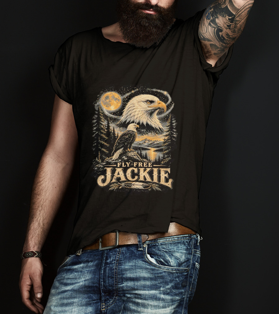 Fly Free Jackie Bald Eagle Scenic Tribute Moonlit Forest Landscape T-Shirt