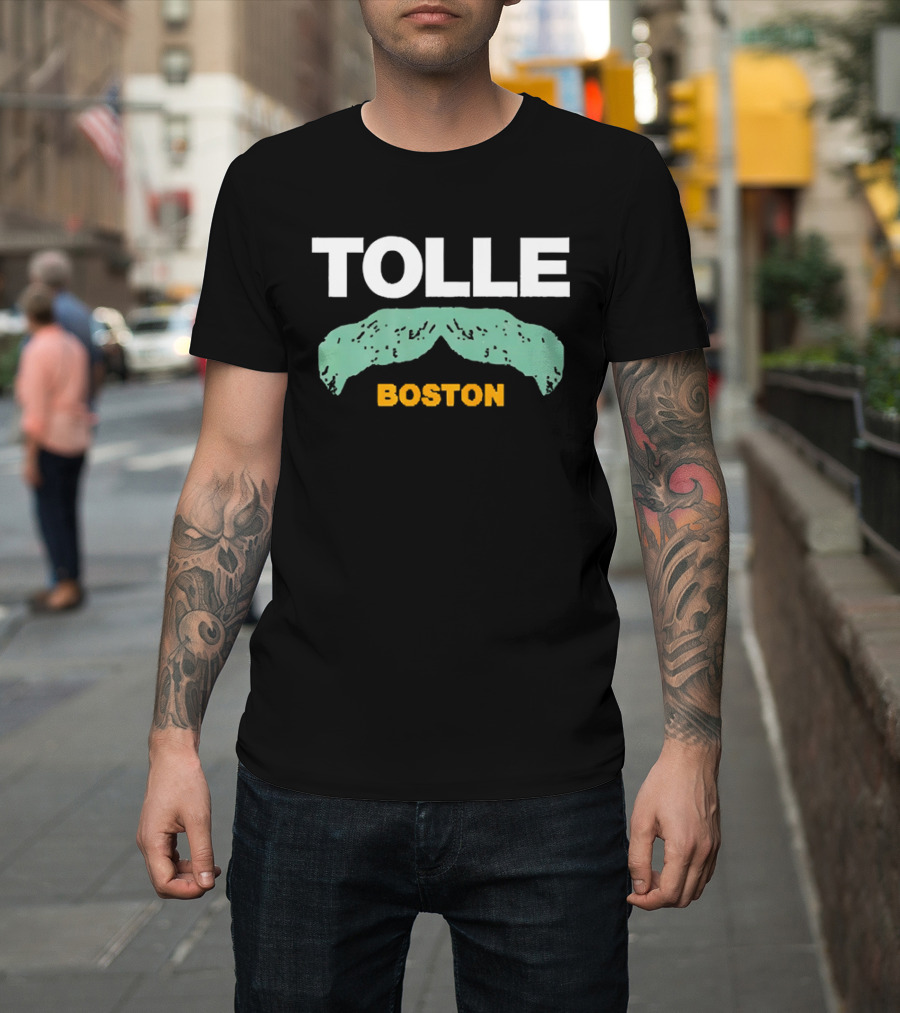 Tolle Boston White And Yellow Distressed Green Mustache T-Shirt
