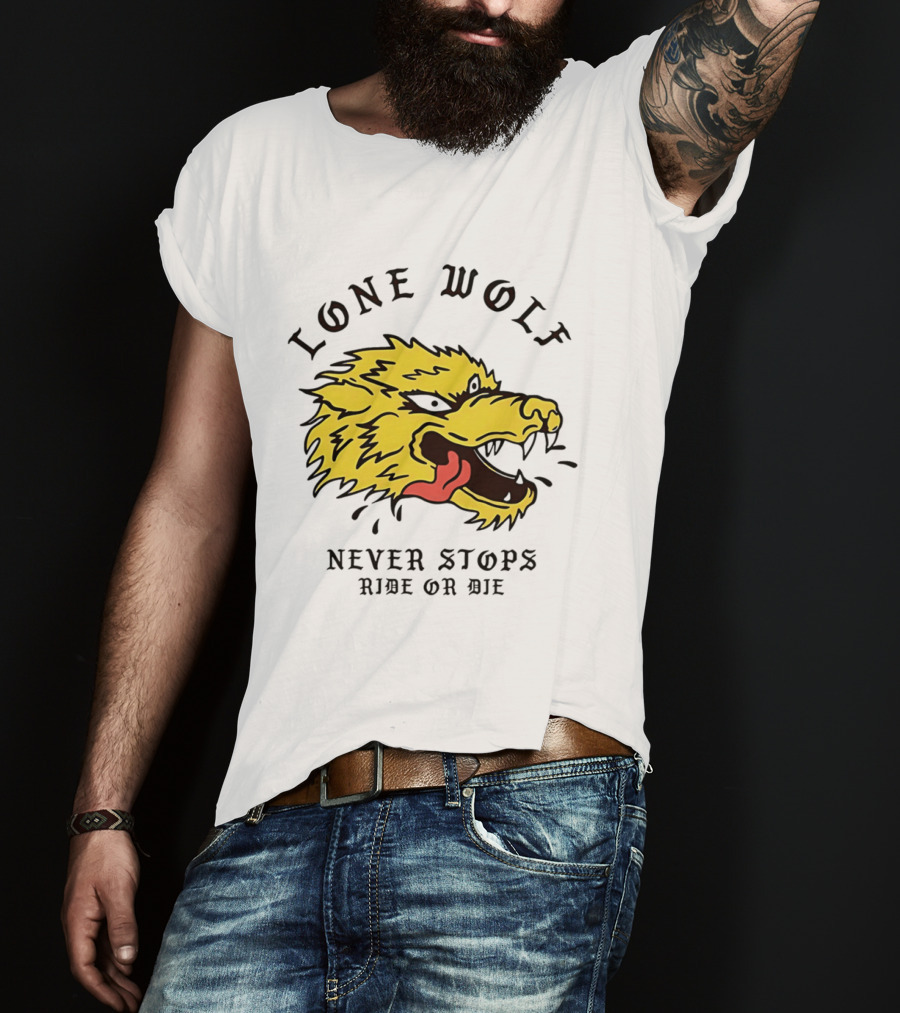 Lone Wolf Never Stops Ride Or Die Fierce Yellow Wolf Head T-Shirt