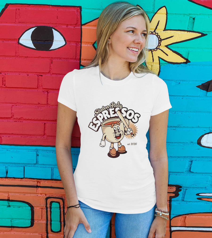 Staten Italy Espressos Est 2026 Cartoon Coffee Cup With Baseball Bat T-Shirt