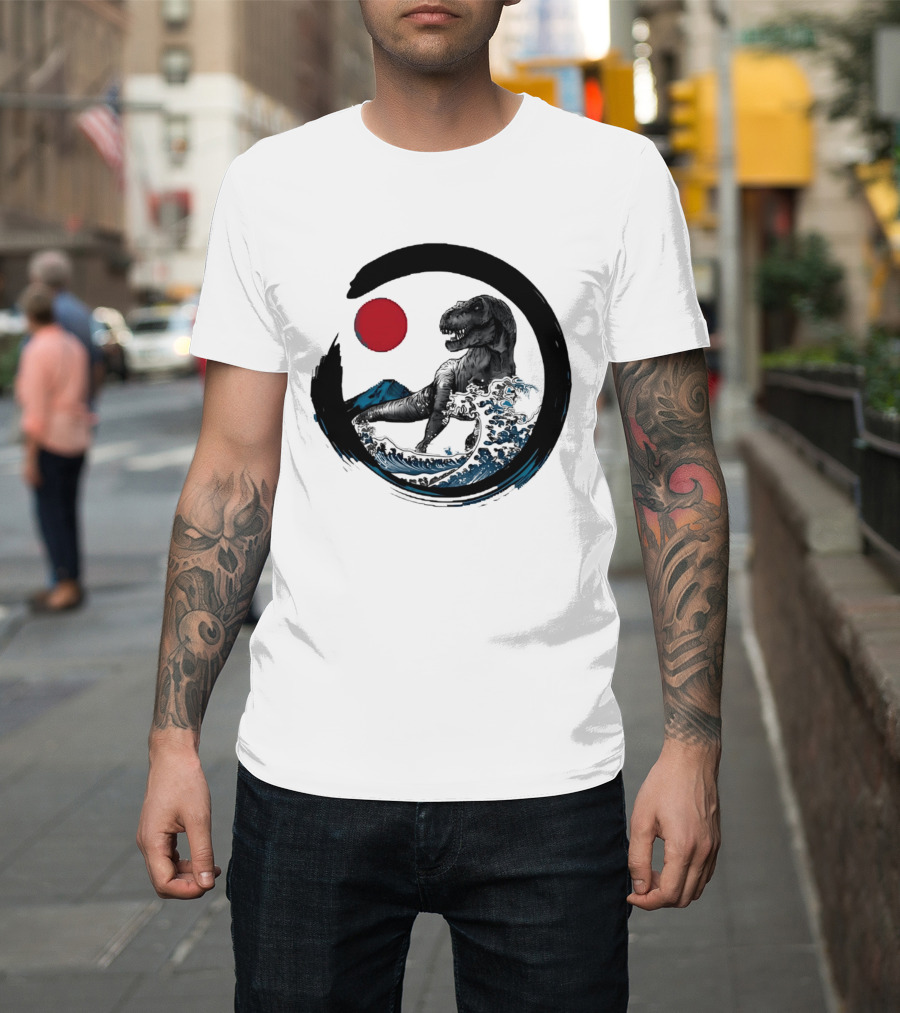 Tyrannosaurus Rex Riding Great Wave With Mount Fuji Enso And Red Sun T-Shirt