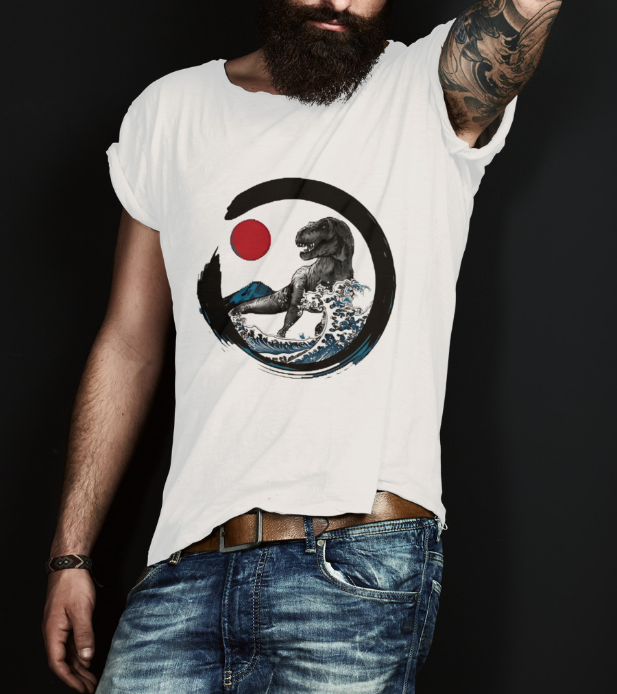 Tyrannosaurus Rex Riding Great Wave With Mount Fuji Enso And Red Sun T-Shirt