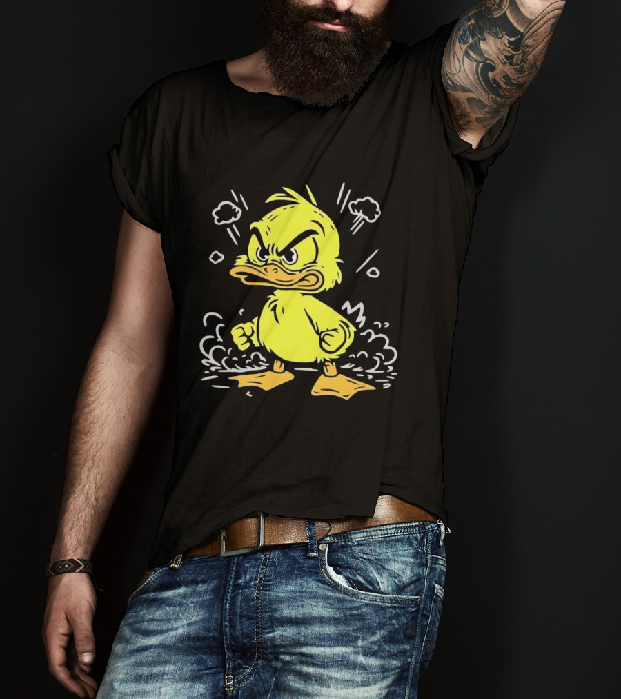 Angry Yellow Duckling Clenched Fists Smoke Clouds Cartoon Line T-Shirt