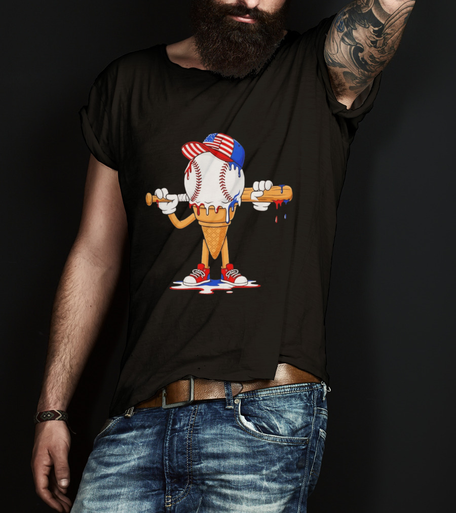 Patriotic Ice Cream Baseball Cone USA Flag Cap And Bat T-Shirt