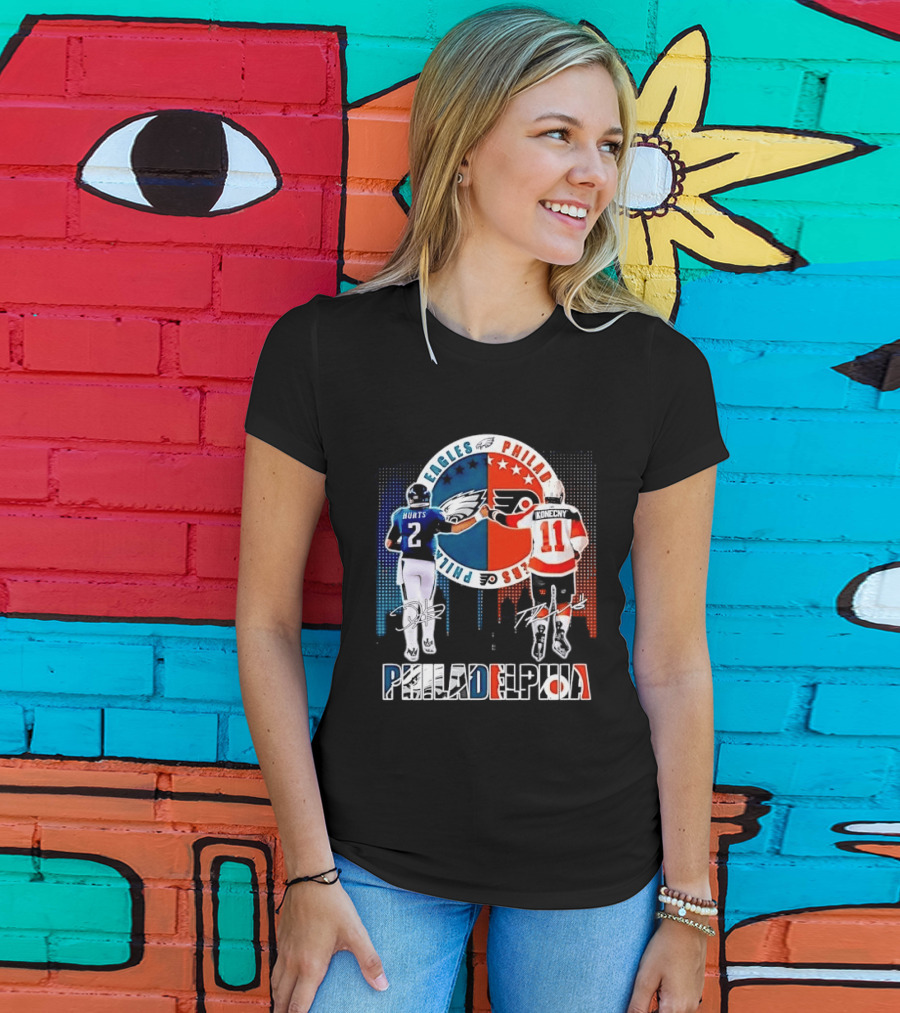 Philadelphia Eagles Flyers Hurts Konecny Fist Bump Split Crest Skyline T-Shirt