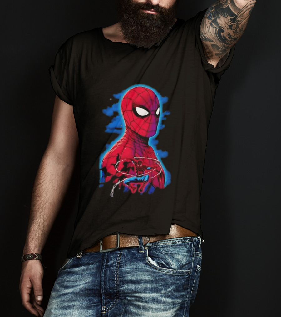 Marvel Spider Man Bust Crouching Web Action Silhouette Clouds T-Shirt