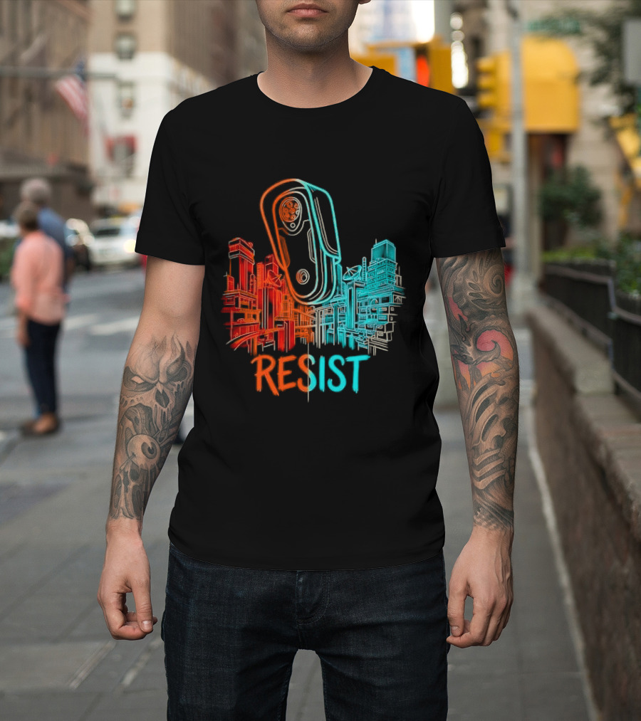 Resist Surveillance Neon City Skyline Security Camera T-Shirt